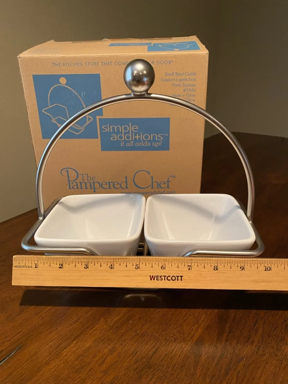 NIB- The Pampered Chef White Ceramic Double Serving Dishes w/ Silver Metal Stand